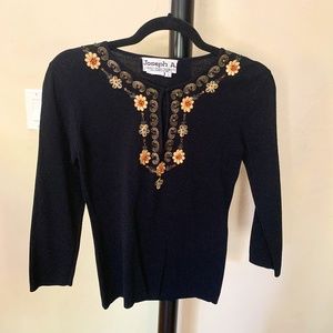 Elegant Stretch Fitted Black Blouse with Sequin, Beads, & Gold Thread Emboidery